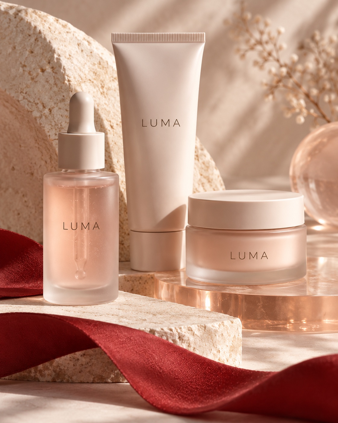 LUMA 护肤概念：浅色护肤容器、柔和石材与红色织物的产品场景