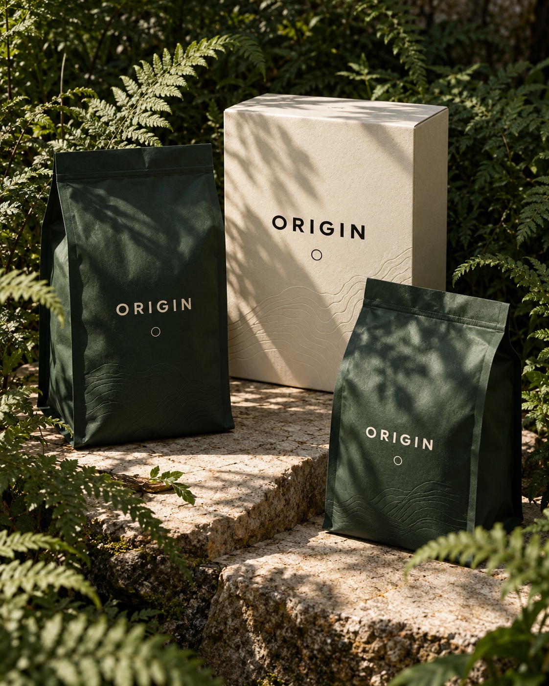 ORIGIN 咖啡包装概念：深绿色包装、浅色纸盒与自然植物环境